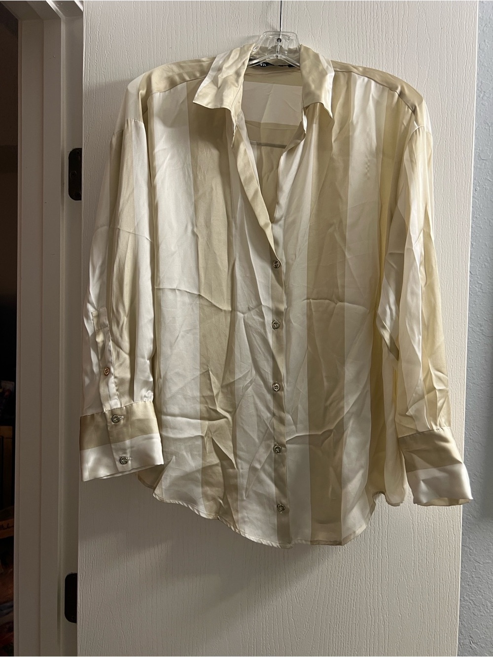 Zara Cream Satin Button-Down Dress Shirt